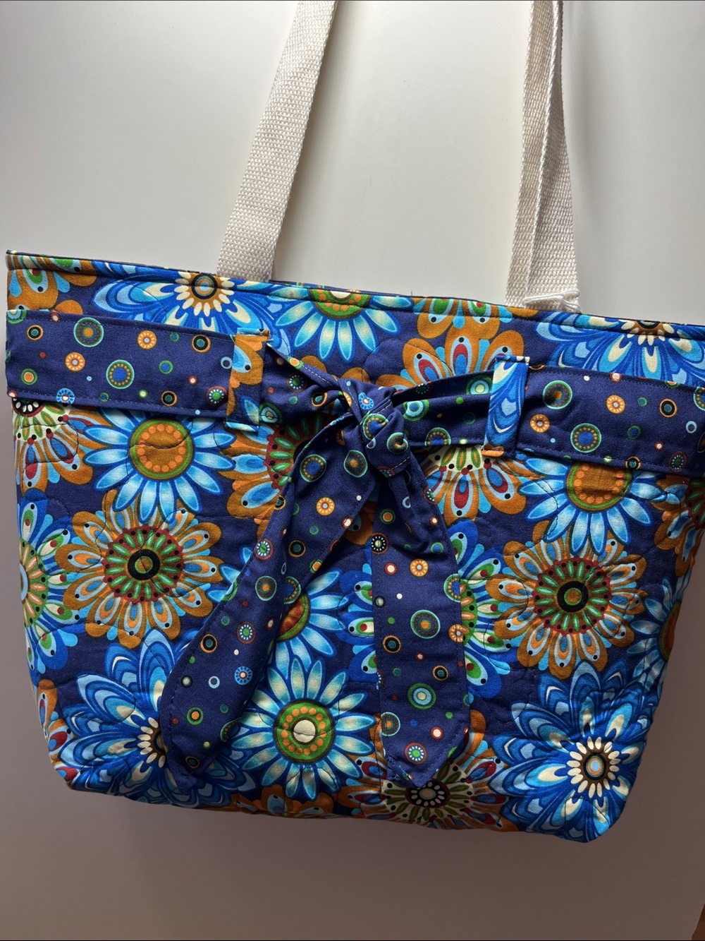 Floral Blue Cotton Tote Bag with Bow Accent